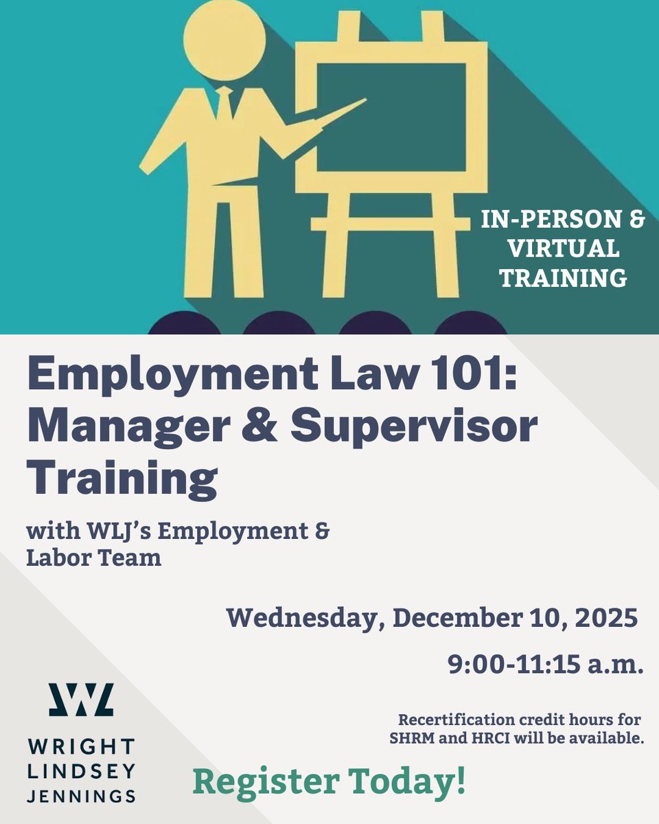 Join us on Wed., Dec. 10, in person or online, for our next session. This training course (filled with common scenarios and led by L&amp;E Team partner Stuart Jackson) covers the legal basics that managers and supervisors should know!

Register today at wlj.com/employment-law…