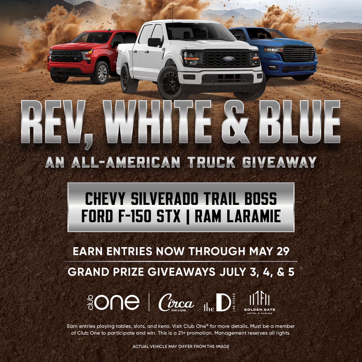 Celebrate America’s 250th birthday in style this 4th of July weekend with the biggest party yet at #CircaLasVegas, @theDLasVegas, and <a href="/GoldenGateVegas/">Golden Gate Hotel & Casino</a>! 🇺🇸🎇  Earn entries by playing slots, table games, and keno for your chance to drive away in one of three American-made trucks: