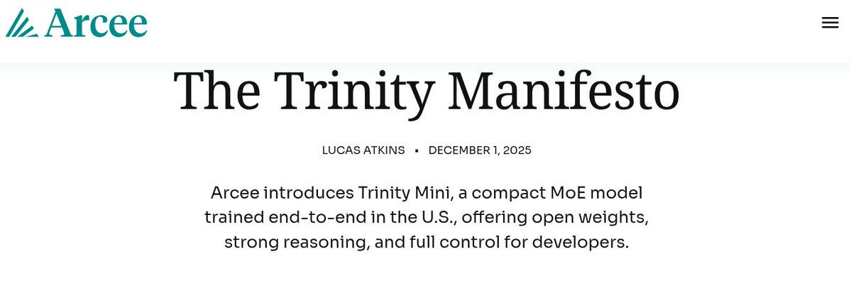 TheAhmadOsman's tweet image. &amp;gt; be arcee
&amp;gt; look around
&amp;gt; realize open-weight frontier MoE is basically a Qwen/DeepSeek monopoly
&amp;gt; decide “nah, we’re building our own”
&amp;gt; actual end-to-end pretraining
&amp;gt; on US soil

&amp;gt; introducing Trinity
&amp;gt; Nano (6B MoE) and Mini (26B MoE)
&amp;gt; open weights, Apache 2.0
&amp;gt; free on…