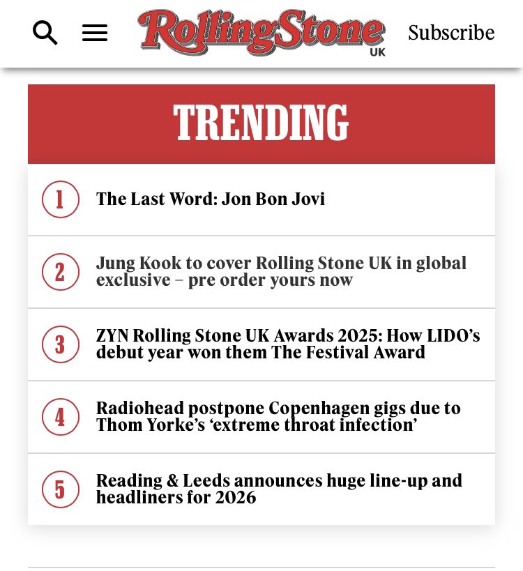 ‘Jungkook to cover Rolling Stone UK in global exclusive - pre order yours now.’ is trending at #2 on Rolling Stone Uk website!