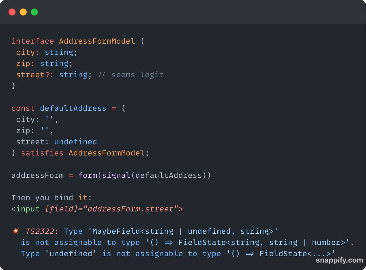 m_stefanczyk's tweet image. Signal Forms and undefined don&apos;t mix. 
- Optional fields in your form model?
Expect TypeScript errors. Just use empty strings instead.  #angular #signalforms