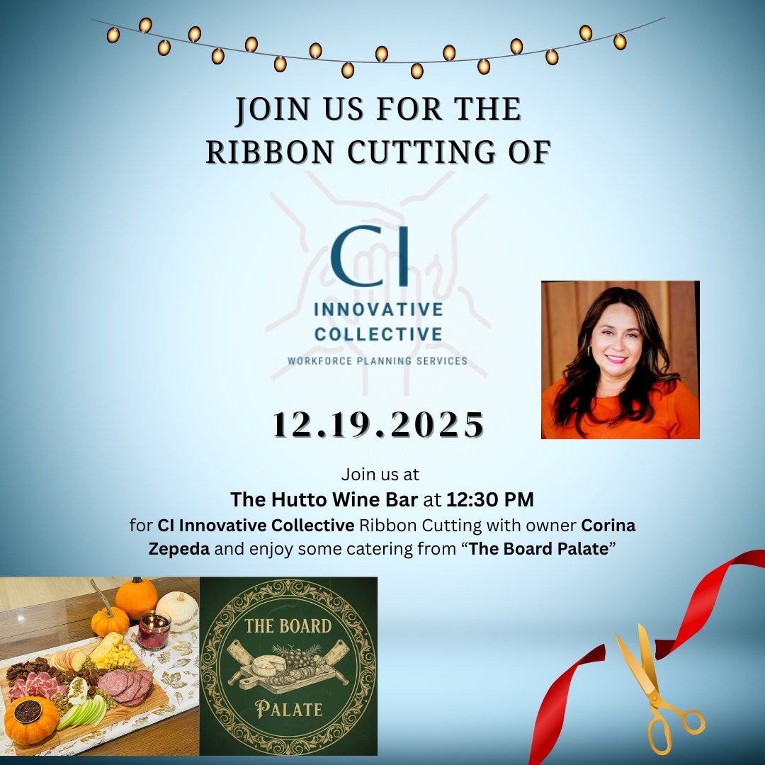🎉 Celebrate with us! 🎉

Join us at The Hutto Wine Bar for the CI Innovative Collective ribbon cutting! Connect with Corina Zepeda and savor the amazing catering from The Board Palate. This is an event you won’t want to miss!

#GrandOpening #CelebrateLocal #BusinessInnovation