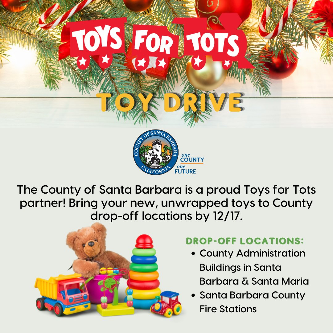 ⭐Help spread holiday joy by donating to the Toys for Tots campaign before December 17th!
🧸Donation boxes are available in the lobbies of the County Administration Building &amp; the Joseph Centeno Betteravia Government Administration Building.