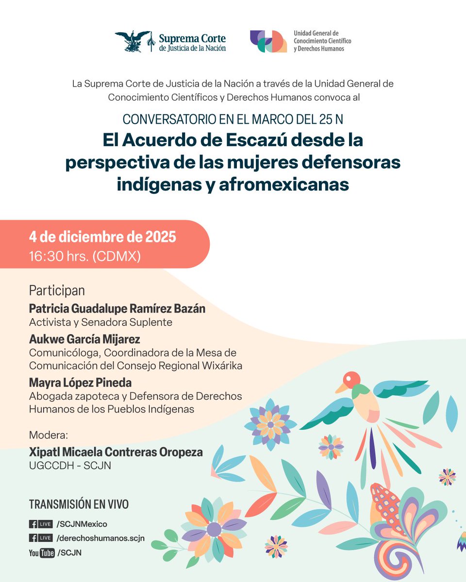 🔎 Este jueves te esperamos en la transmisión en vivo del conversatorio sobre el Acuerdo de Escazú desde la perspectiva de defensoras indígenas y afromexicanas. ¡No te lo pierdas!

#AcuerdoDeEscazú #MujeresIndígenas #DDHH #UGCCDH