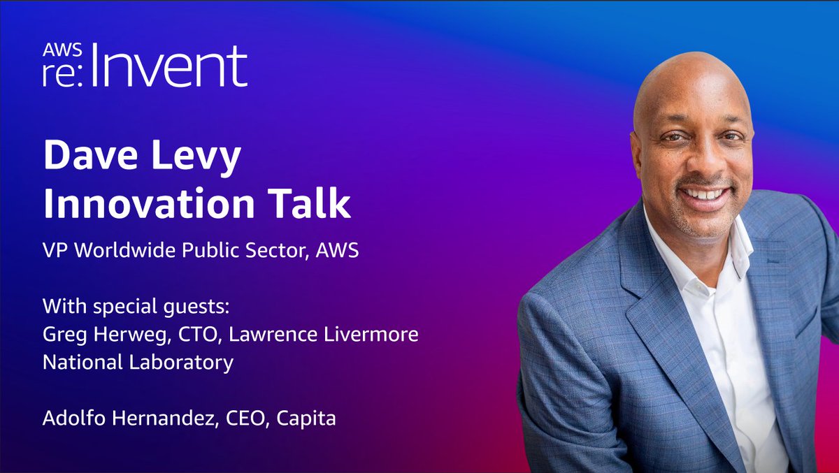 AWS_Gov's tweet image. SAVE THE DATE: Don&apos;t miss the AWS Worldwide Public Sector Innovation Talk hosted by David Levy, VP, AWS. You&apos;ll also hear from invited guests Adolfo Hernandez, CEO, Capita &amp;amp; Greg Herweg, CTO, Lawrence Livermore National Laboratory. Be there on Wednesday 12/3, at 4pm in the…