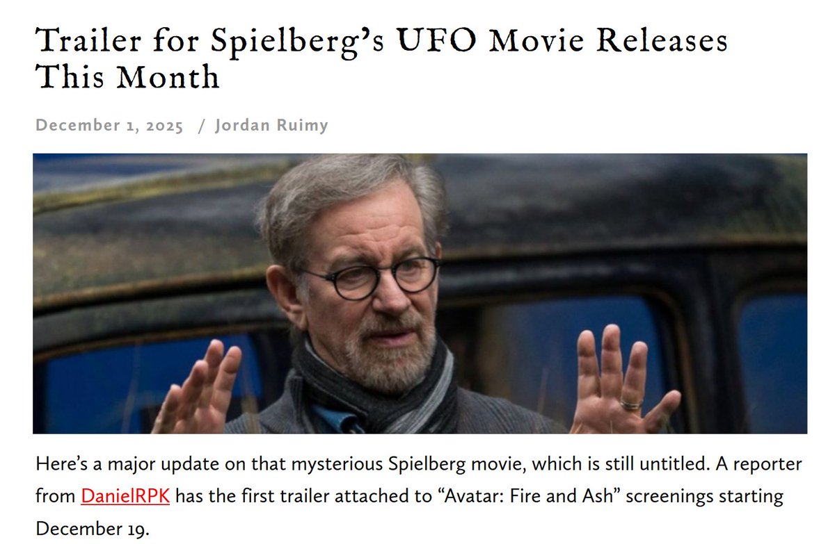wow36932525's tweet image. #UFOx #UFOtwitter #UAP #NHI 

BREAKING  🔥🔥🔥🔥🔥

Trailer for Spielberg’s New 
UFO  Movie Releases This Month.

Source:

worldofreel.com/blog/2025/12/1…