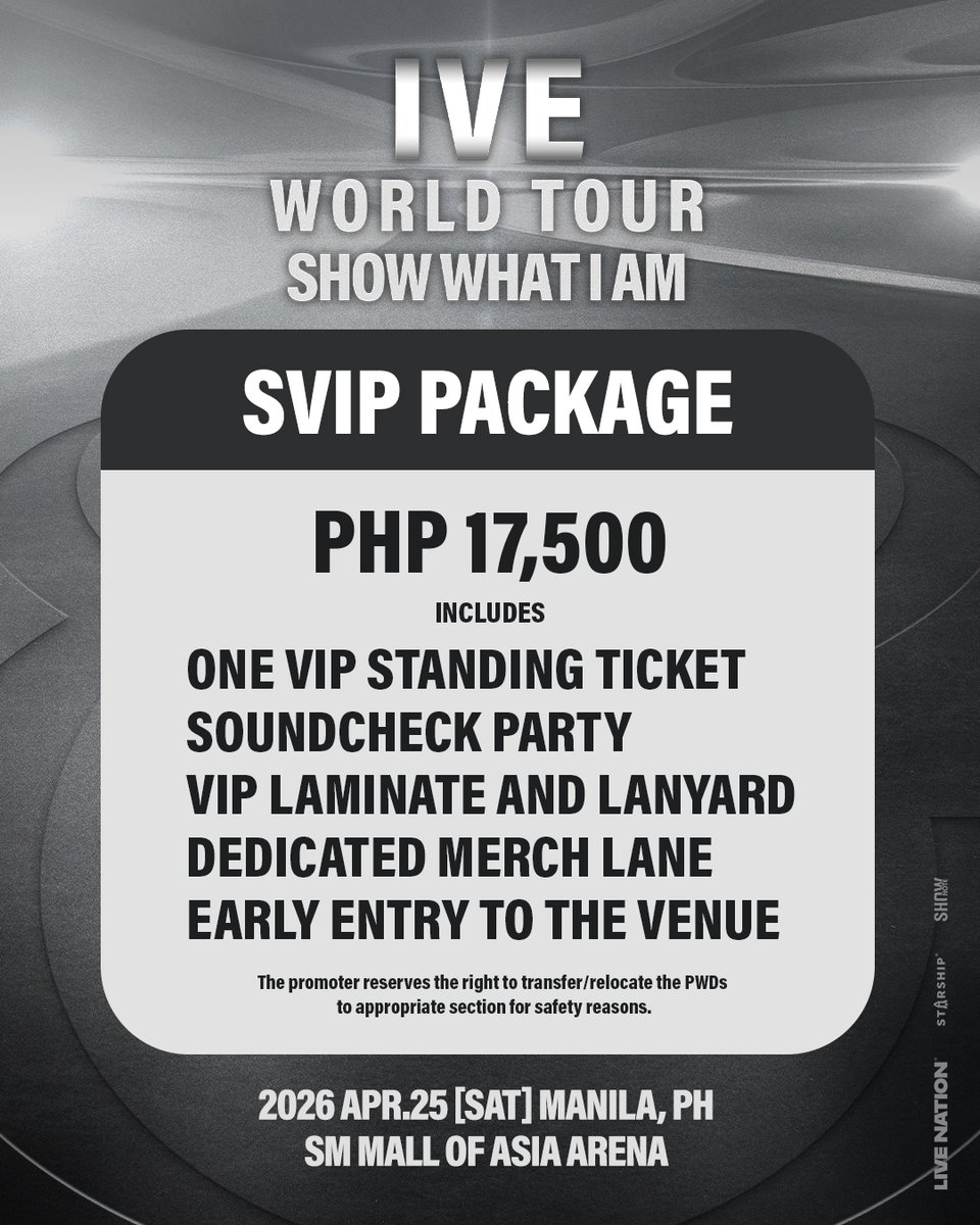 livenationph's tweet photo. HEY DIVE! IVE is coming to SM MALL OF ASIA ARENA on April 25, 2026 for their IVE WORLD TOUR <SHOW WHAT I AM> IN MANILA!

LNPH Presale begins January 7, 2026 at 10 AM until 11:59 PM
General On Sale begins January 8, 2026 at 10 AM

Don’t miss out!

#IVE #아이브 #SHOW_WHAT_I_AM https://t.co/lZh1IzaT0j