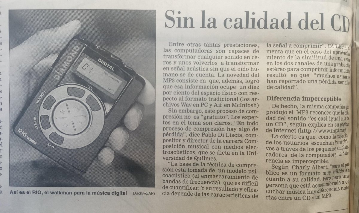 El MP3 vino a cambiar el juego de la industria de la música. En aquel momento, el mainstream temía por su negocio. Hablaban de combatir la piratería. Otro mundo. Archivazo para leer detenidamente, con una infografía genial, del 16 de julio de 1999. Salió en el Diario La Nación.