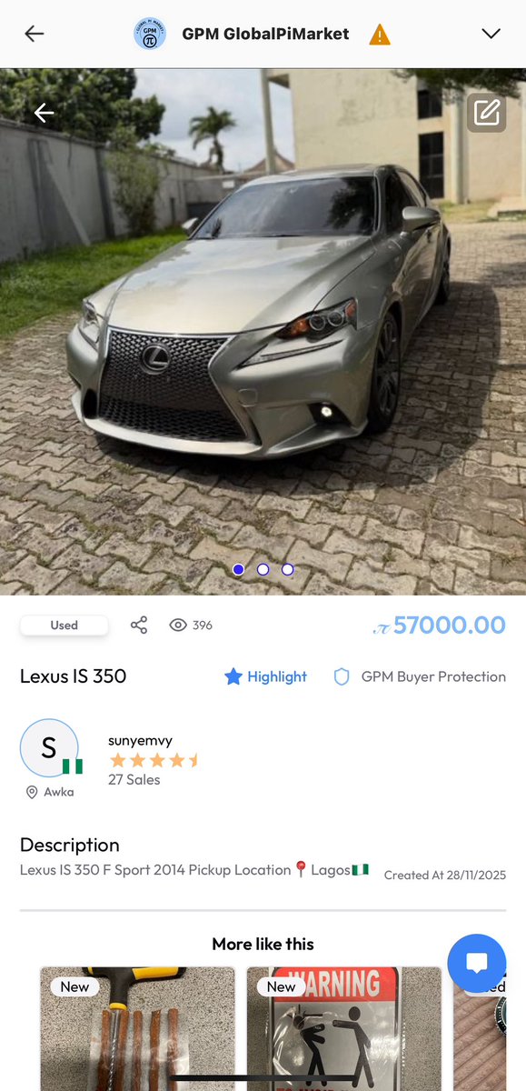 SundayEmma19454's tweet image. Selling Item on GPM (Global Pi Market) 📣

Item: Lexus IS 350 F Sport 2014 
Price: 57000 Pi only 
Seller: sunyemvy
Location: Nigeria 🇳🇬📍
Buy now! 
@PiCoreTeam @globalpimarket 

#PiNetwork #GPM #PiEcosystem