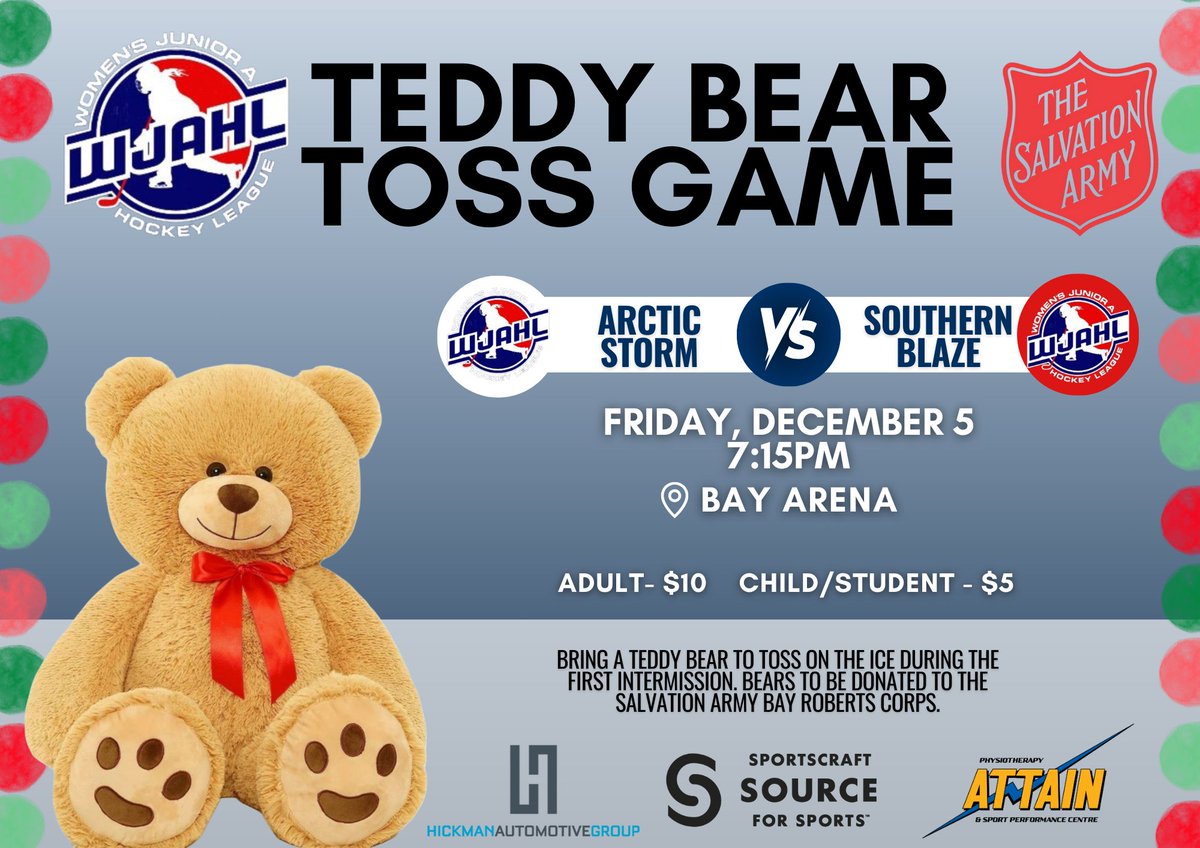 wjahl_'s tweet photo. 🎁 Teddy Bear Toss Game! 🧸

Arctic Storm vs Southern Blaze — 7:15PM at Bay Arena

Bring a teddy bear to toss during the 1st intermission (donated to Salvation Army Bay Roberts). Plus Chuck-a-Puck supporting Bay Arena Minor Hockey!

🎟 Adult $10 | Child/Student $5 https://t.co/r7v9UETi3b