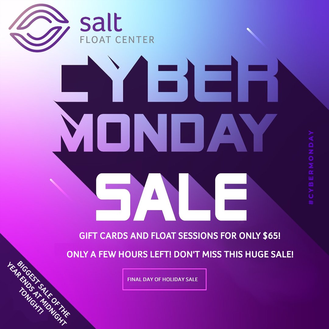 saltfloatcenter's tweet photo. LAST FEW HOURS to get 60-minute gift cards or float sessions for ONLY $65! 
Give the gift of "ultimate me time" to your friends and loved ones this holiday season! They will thank you for it. 
https://t.co/4k5SoXuW9G https://t.co/yQzSFsfIQ6