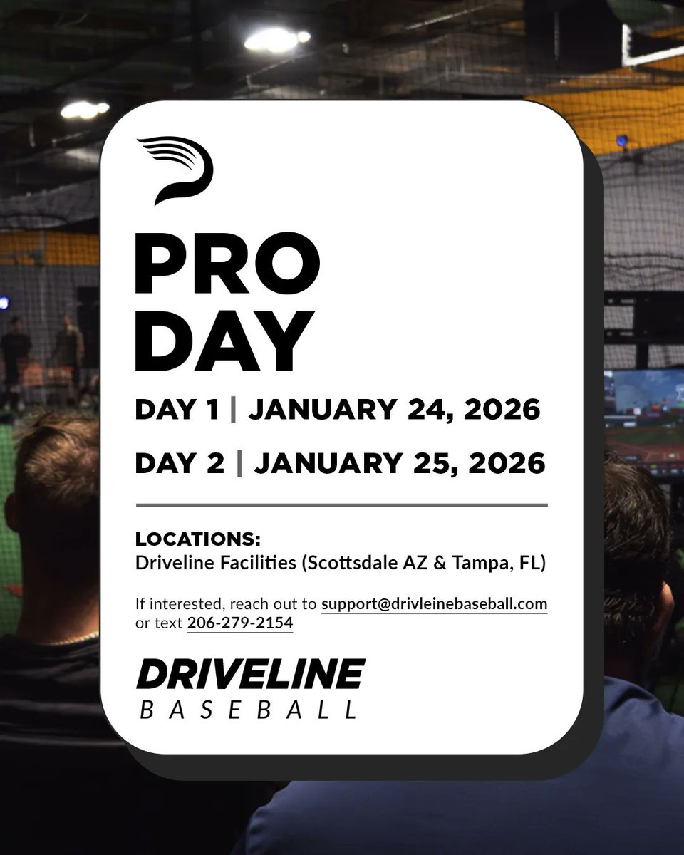 PRO DAY 🔜

For the first time, Pro Day is happening at both our Scottsdale, AZ and Tampa, FL gyms.

📅 January 24–25, 2026

Want in? 

Reach out: support@drivelinebaseball.com or (206) 279-2154.