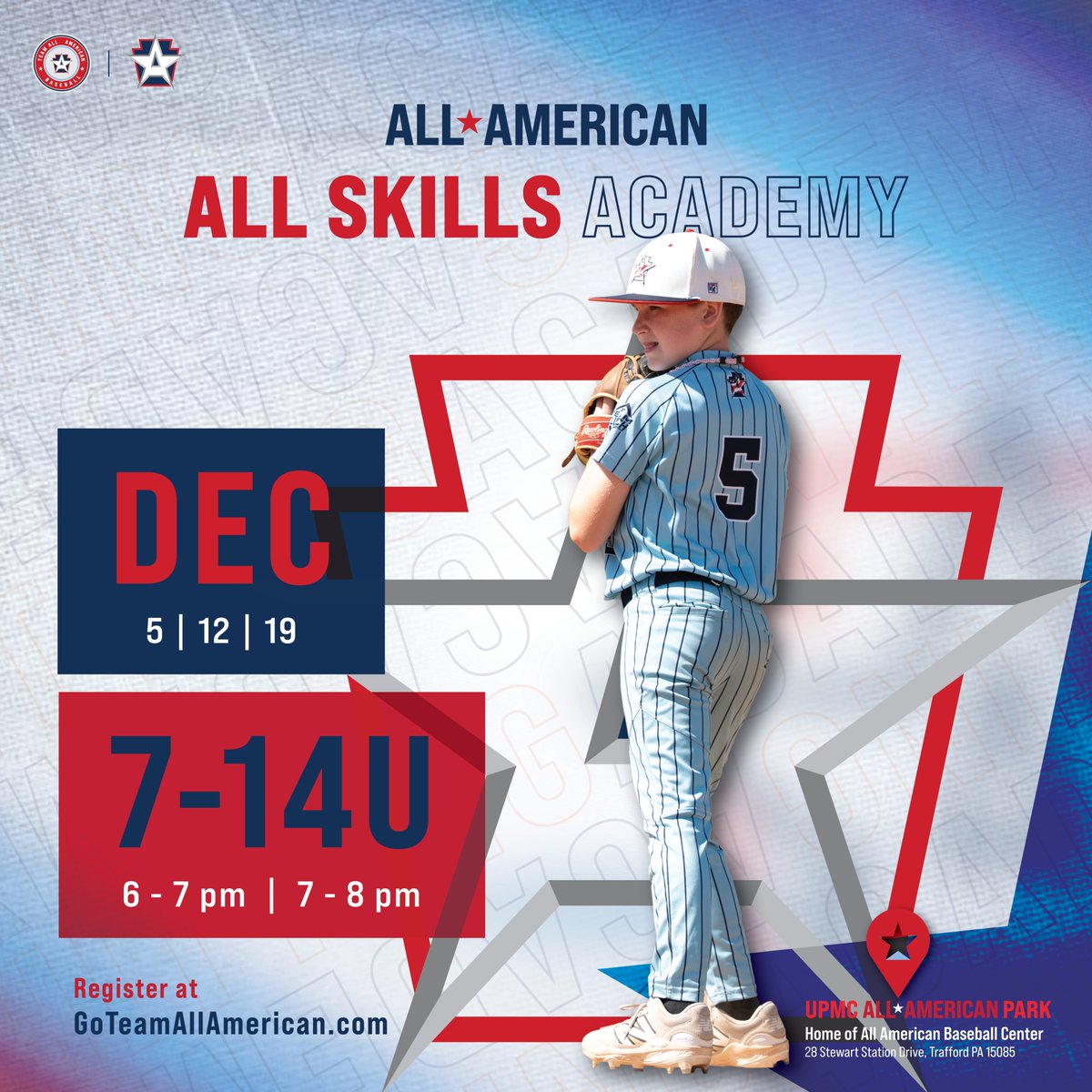 It's officially December! ❄️⚾

Our All Skills Academy is back this month for 7–14U athletes ready to level up.

📅 Dec 5 • 12 • 19
🕕 6–7 PM &amp; 7–8 PM
📍 UPMC All American Park – Trafford, PA

Sharpen your fielding, throwing, and game IQ with All-American instruction.

🔗