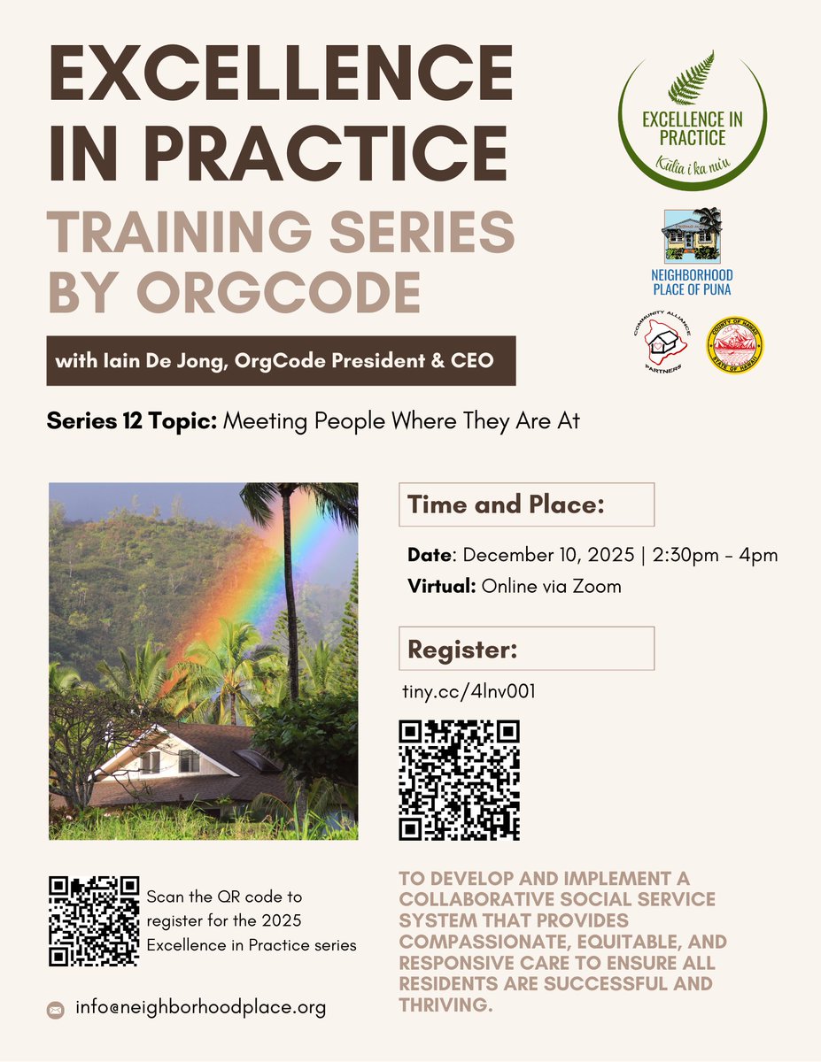malamahale's tweet photo. 📣 You’re invited to participate in the final virtual Excellence in Practice training of the year, led by Iain De Jong of OrgCode Consulting Inc.!

📍 Zoom (register: https://t.co/4zUI2aXbPu)
🗓️ Wednesday, December 10 | 2:30pm - 4pm

#hawaiinonprofit #neighborhoodplaceofpuna https://t.co/ExfWvKmWjY