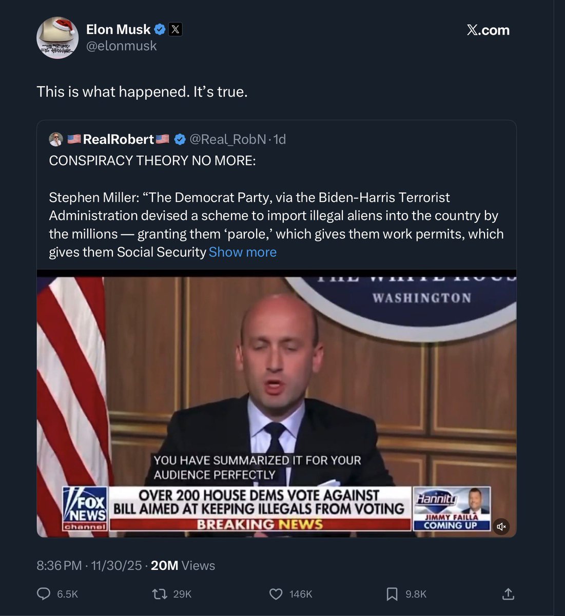 jimstewartson's tweet image. This is, in fact, a conspiracy theory. It’s called “Great Replacement Theory” and it used to be confined to the more extreme backrooms of sites like Iron March and 4chan. Now the richest man and Trump’s Goebbels impersonator are putting it out as reality.

Third Reich rhetoric.