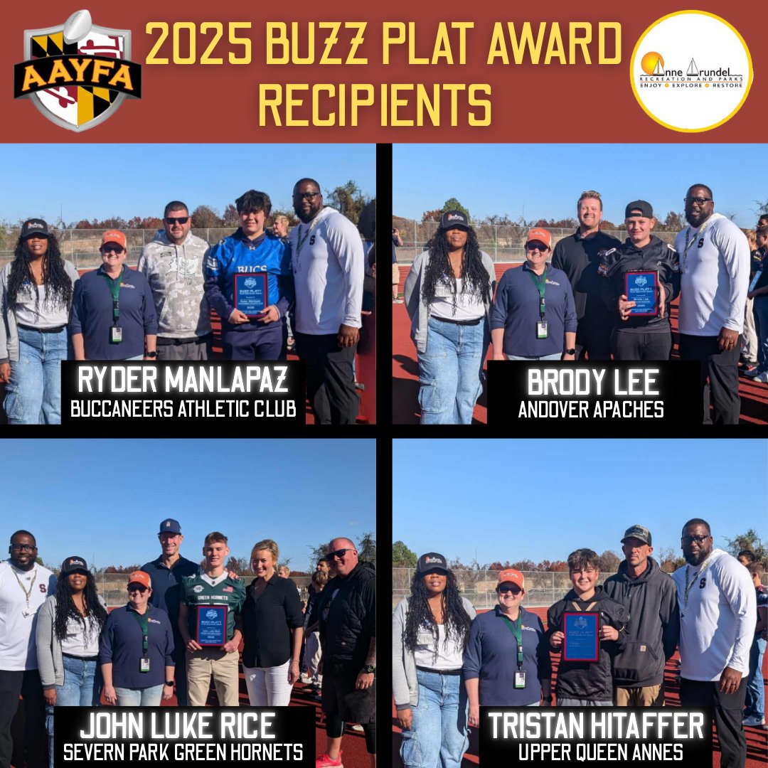 We proudly recognize the true leaders and role models of the AAYFA football league: the 2025 Buzz Platt Award Recipients! This award honors a legacy of good character in youth sports. Congratulations to all!

Interested in youth football? ➡️ aacounty.org/recreation-par…