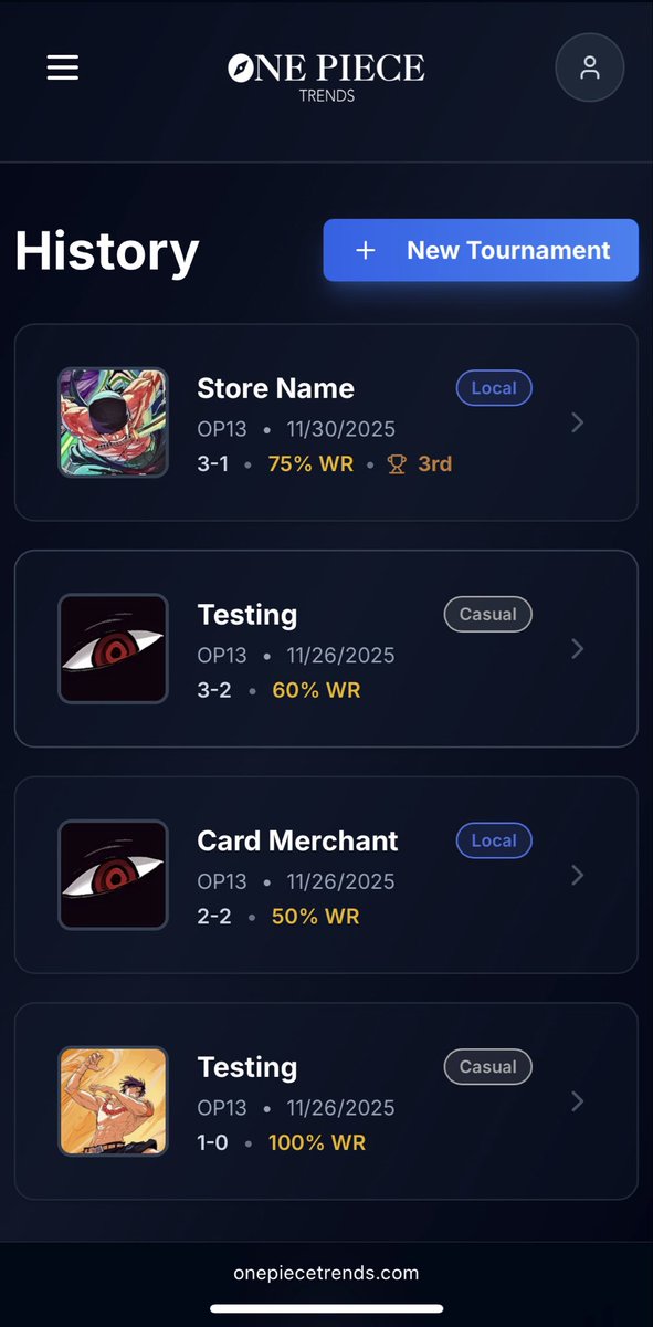 OnePieceTrends's tweet photo. Introducing One Piece Trends — your new OPTCG companion tool

🏆 Tournament Tracking
🎴 Export to PNG
📈 Analytics by Format

Whether you're grinding locals, prepping for regionals, or improving your game — check it out. More features coming soon!

👉 https://t.co/qvCxhran2j https://t.co/xpvqpNtF7P