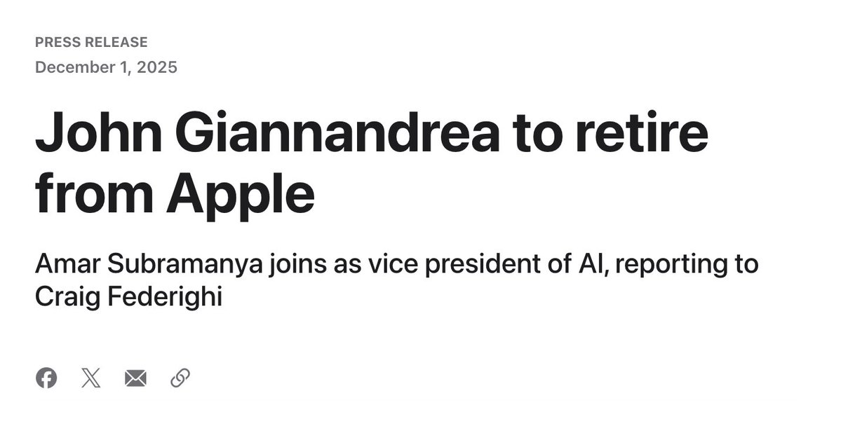 aaronp613's tweet image. BREAKING: John Giannandrea, Apple’s senior vice president for Machine Learning and AI Strategy, is stepping down.

Apple also announced that renowned AI researcher Amar Subramanya has joined Apple as vice president of AI, reporting to Craig Federighi.