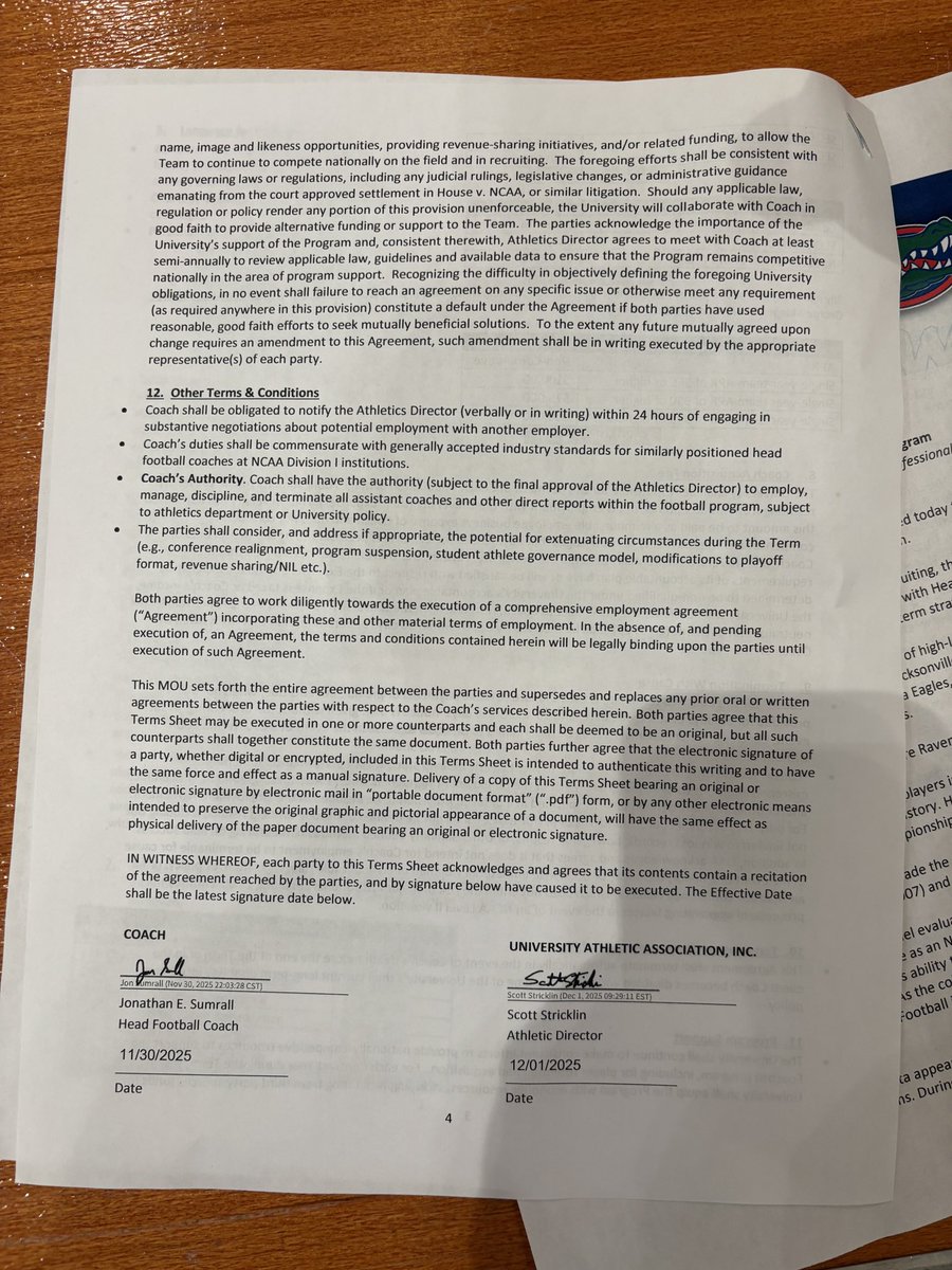 Portions of the contract between Jon Sumrall and the University of Florida: