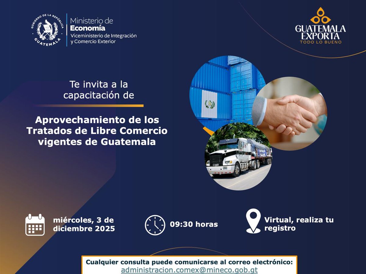 Cámara de Comercio de Guatemala, en coordinación con el Ministerio de Economía a través del Viceministerio de Integración y Comercio Exterior, tiene el agrado de invitarte a la capacitación “Aprovechamiento de los Tratados de Libre Comercio vigentes de Guatemala”.

Este espacio