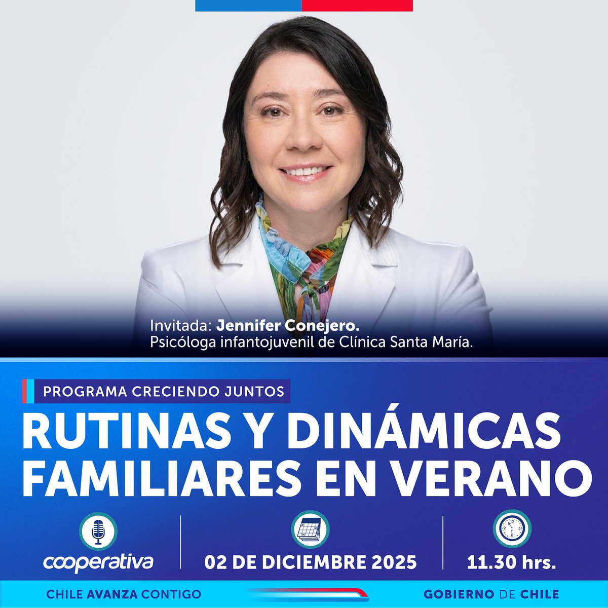 MARTES 2 a las 11:30am por radio <a href="/Cooperativa/">Cooperativa</a> y RRSS @ChileCreceMás, un nuevo programa de 𝗖𝗥𝗘𝗖𝗜𝗘𝗡𝗗𝗢 𝗝𝗨𝗡𝗧𝗢𝗦 📍RUTINAS Y DINÁMICAS FAMILIARES EN VERANO📍Para tus preguntas escríbenos al wsp +569 7888 0770, comenta en la transmisión por FB Live, YT e IG. <a href="/SubseNinez/">Subsecretaría de la Niñez</a>