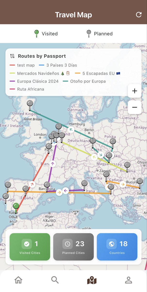 matBuildsTech's tweet photo. Esta es la screen Travel Map de mi app Stamport.
Aquí puedes ver todas tus ciudades marcadas en los pasaportes de viaje, cuáles ya visitaste, cuáles tienes planeadas y todas tus rutas de un vistazo.

Si ves algo que añadirías o mejorarías, me ayudaría muchísimo que me contaras 🚀 https://t.co/0IraGKU430