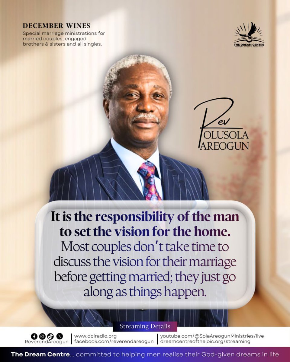 ReverendAreogun's tweet photo. MARITAL TRUTH MANY SKIP — AND LATER PAY FOR
“It is the responsibility of the man to set the vision for the home.”

Most marriages don’t collapse because of demons.
They collapse because there was no vision.

Many couples rush into marriage without ever sitting down to ask:
👉 Where are we going?
👉 What kind of home are we building?
👉 What future are we agreeing to pursue together?

Marriage was never designed to be driven by emotions and circumstances.
It is designed to be governed by vision and leadership.

When a home has no vision, frustration takes over.
When a home has vision, stability follows.
📌 Men: Vision is not domination — it is responsibility.
📌 Couples: Love alone is not enough; direction matters.
This is why preparation is wisdom, not delay.
— Rev. Olusola Areogun

💬 Married, engaged, or believing God for marriage — this is for you.
🔁 Share with someone who needs to hear this truth.

#ReverendAreogun #DecemberWines #MarriageWisdom #KingdomMarriage #BuildWithVision #GodlyHomes #RelationshipTruth #DreamCentreGlobal