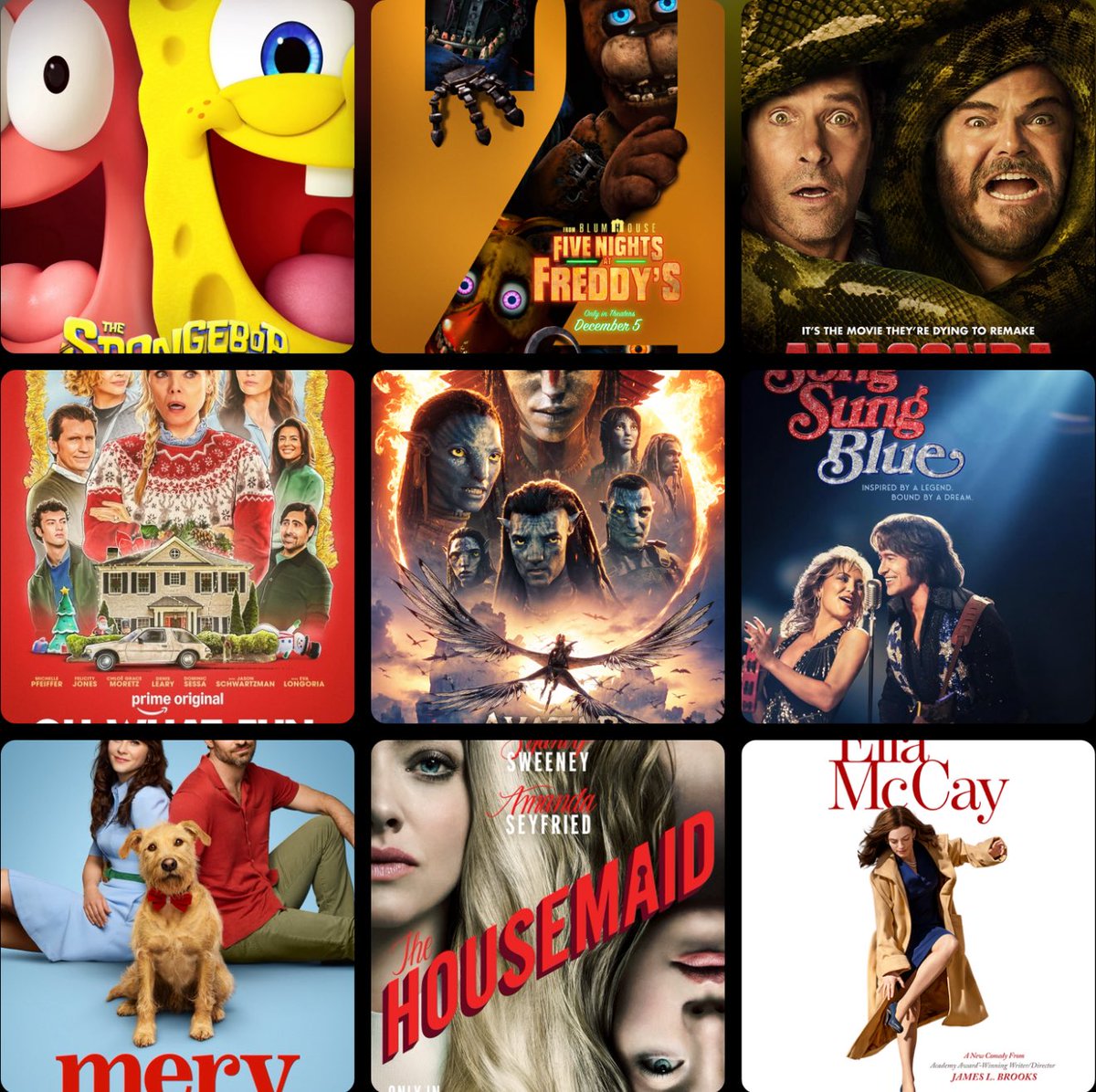 MindonMoviesUSA's tweet photo. December Advance Screenings Are Here! Comment Your City and Which Movie You’re Excited For! #SpongeBobMovie #FNAF2Movie #Anaconda #OhWhatFun #Avatar #SongSungBlue #Merv #TheHousemaid #EllaMcCay https://t.co/I42cIPaz7o