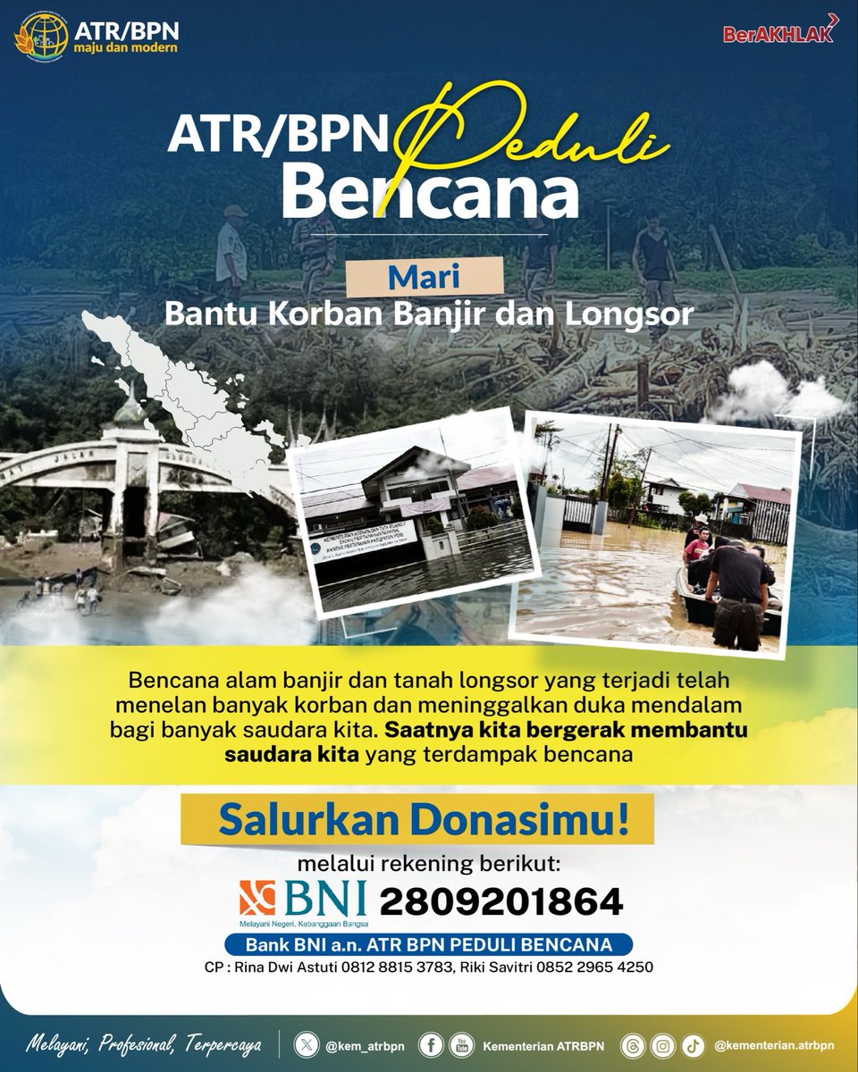 kem_atrbpn's tweet image. Halo #SobATRBPN, Kementerian ATR/BPN membuka donasi bagi masyarakat yg terdampak bencana banjir &amp;amp; longsor.
Mari ulurkan tangan untuk saudara kita yg terdampak bencana. 
Semoga para korban senantiasa diberikan ketabahan &amp;amp; kekuatan untuk pulih kembali. 
Amin.

#ATRBPNKiniLebihBaik