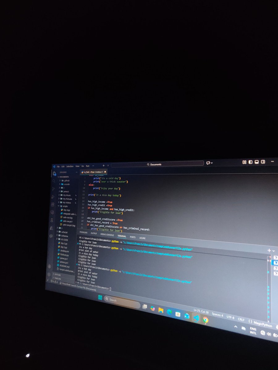 Francis_IB1's tweet image. Day 7 of my Python journey:
Dived into if, elif, else, and explored and / or / not logic.
Crazy how a few conditions can control the whole flow of a program.
One day at a time. 🧠🐍💻

#Python #CodingJourney #LearnPython #TechTwitter #PythonBeginners