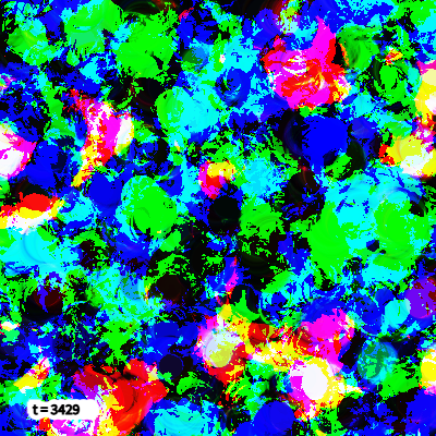 TakagiHitoshi's tweet image. //#つぶやきProcessing #p5js
t=0,F=255
draw=_=&amp;gt;
{r=random
t++||createCanvas(W=(w=200)*2,W)
strokeWeight(40)
c=get(x=r(W),y=r(W))
for(T=0;T&amp;lt;TAU;T+=.1)
stroke((c[0]^r(F)*T)%F,(c[1]^r(F)+T)%F,(c[2]^r(F)+T)%F,w),
blendMode(OVERLAY),
point(x+9*cos(T),y+9*sin(T))
}