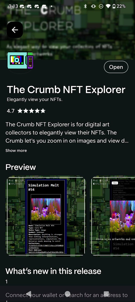 Simulacrum_img's tweet image. 🖼️📲 The Crumb Nft Explorer has arrived on the @solanamobile dApp store!

I made this dApp to have a nice way to view my NFT collection and artworks in detail and, now, it&apos;s time to share it with all the friends who collect NFTs as well!

Scope it out! Give it a review! Enjoy!