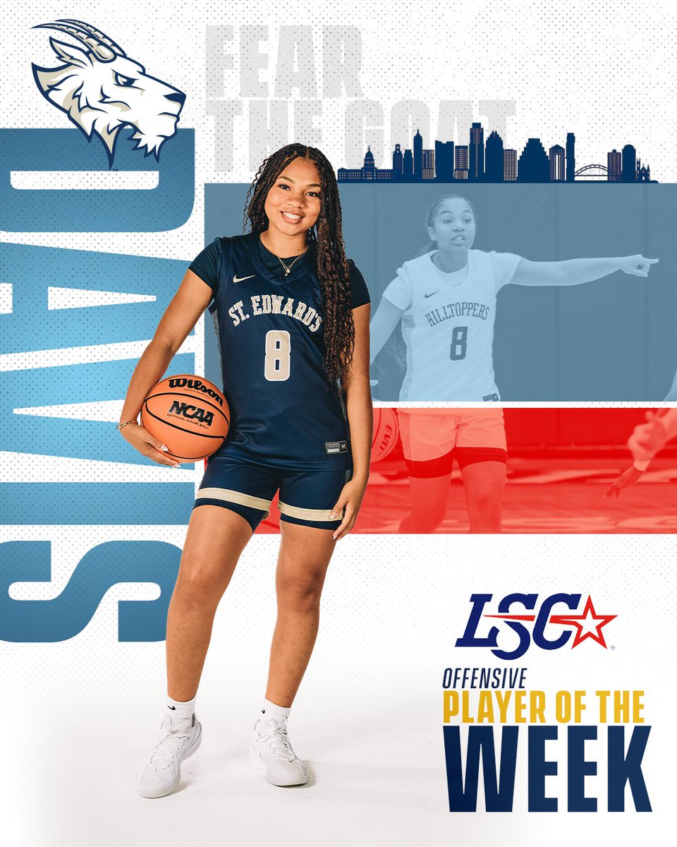 SEUAthletics's tweet image. 🏀💫 Perfection from the stripe. Clutch in the fourth.

Congrats to Suni Davis — the @LoneStarConf Offensive Player of the Week!

Davis averaged 22.5 PPG and went a flawless 20-for-20 FT over two @SEUWBasketball wins with 21 fourth-quarter points.
#FearTheGoat…