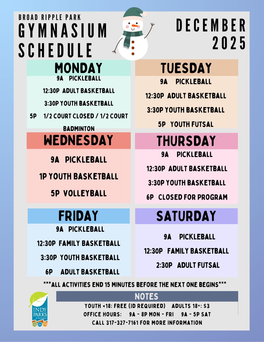 ❄️ Hello, December! ❄️
A new month means a fresh gym schedule at Broad Ripple Park. From pickleball to basketball to futsal, we’ve got something for everyone.
Check out what’s happening this month and come stay active with us! 💪🎄