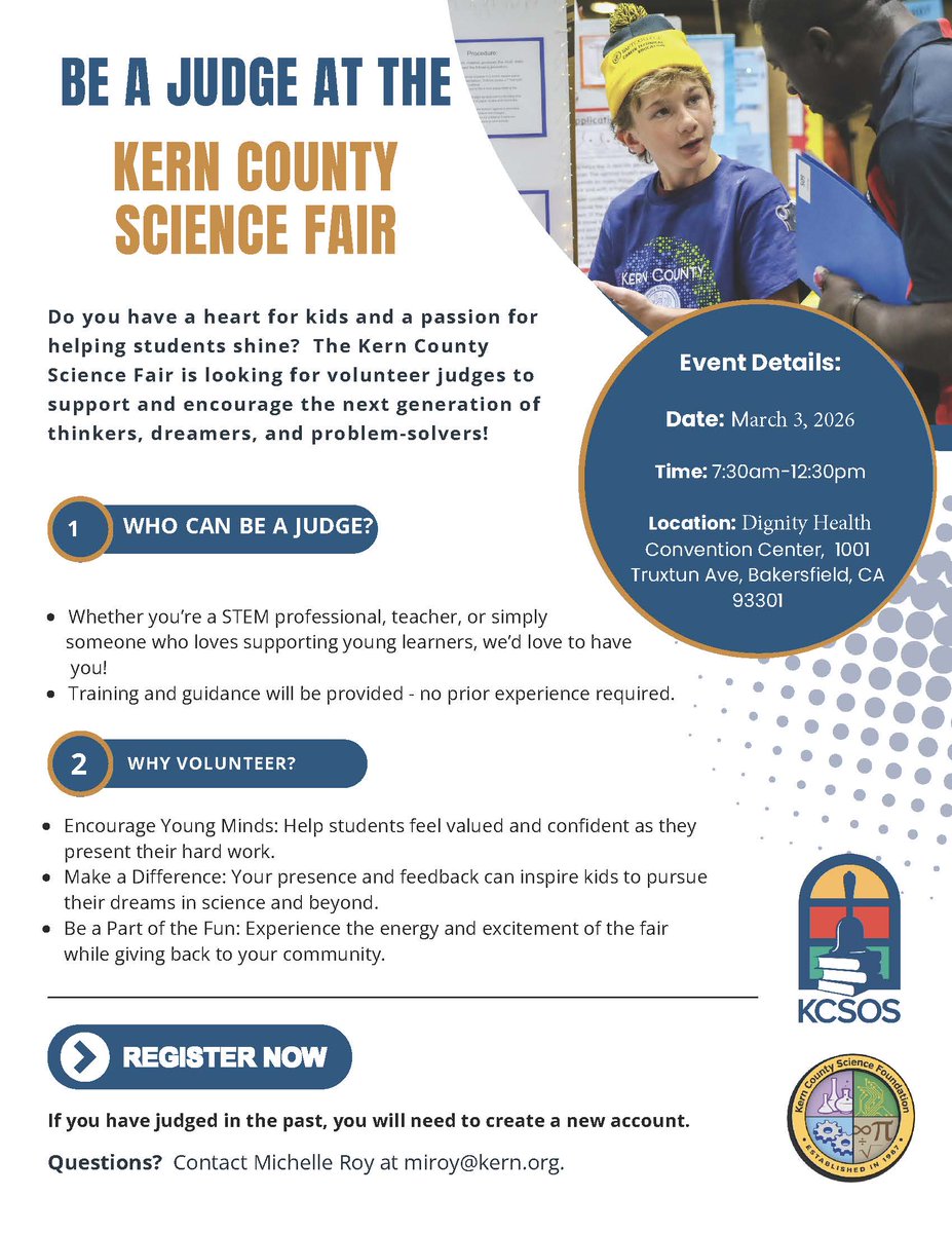 Judges wanted for the 2026 Kern County Science Fair! 
Register: ca-kern.zfairs.com/App?f=7a3b8873… <a href="/4kyleatkin/">Kyle Atkin</a> <a href="/STEAMJanssen/">JustinSTEAMJanssen</a> <a href="/Chelsy4STEAM/">Chelsy Lancaster</a> <a href="/teachsci8/">Holli Gonzalez</a> <a href="/KCSOS/">KCSOS</a> <a href="/KernScience/">Kern County Science Foundation</a>
