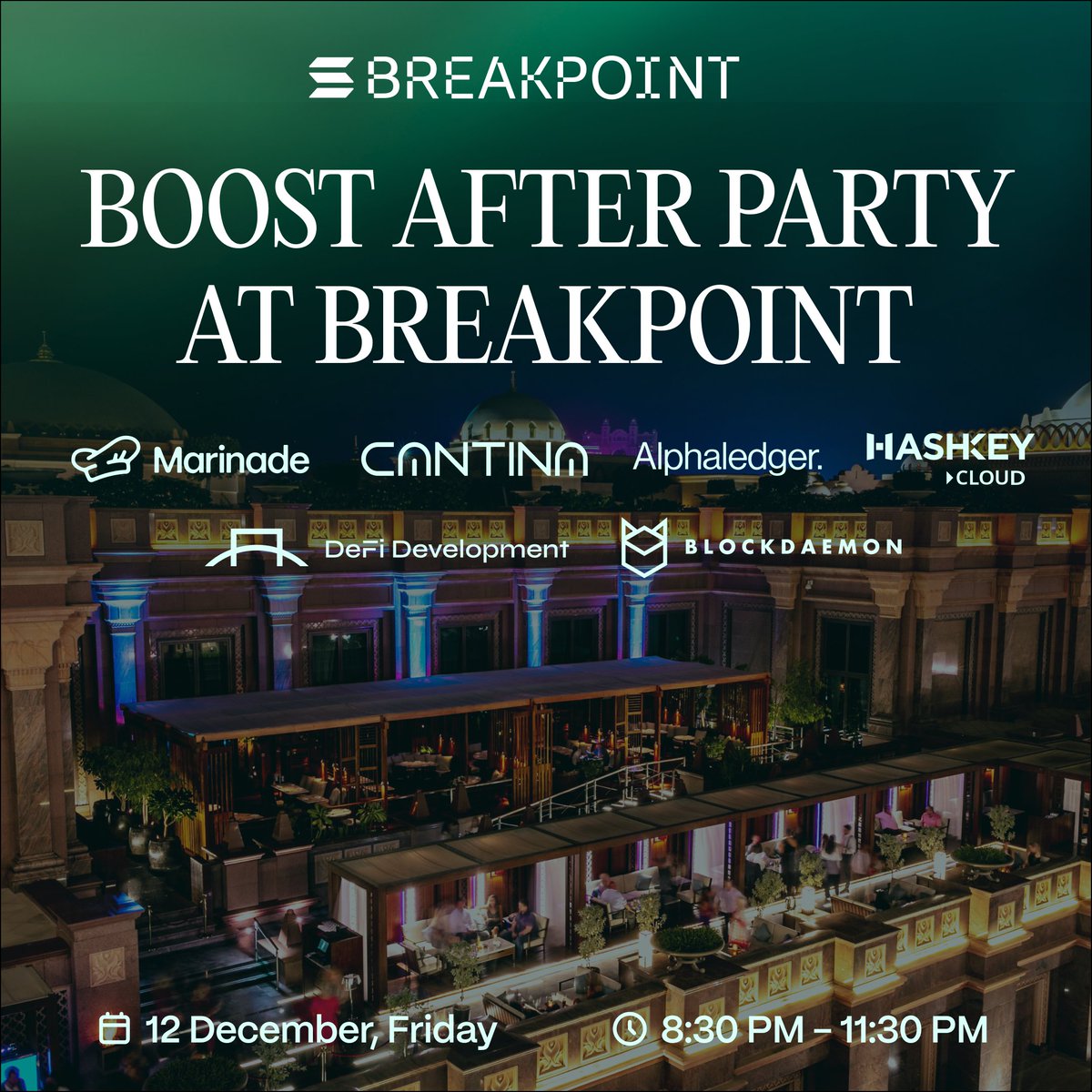 MarinadeFinance's tweet image. 11 days until our Boost After Party at @SolanaConf

Meet @HashKeyCloud, @BlockdaemonHQ, @defidevcorp, @alpha_ledger &amp;amp; @cantinaxyz

Expect skyline views, VIP Cabanas, premium drinks, &amp;amp; a chance to win $ 1,000 in SOL on arrival

It&apos;s almost full, so register below ASAP 👇