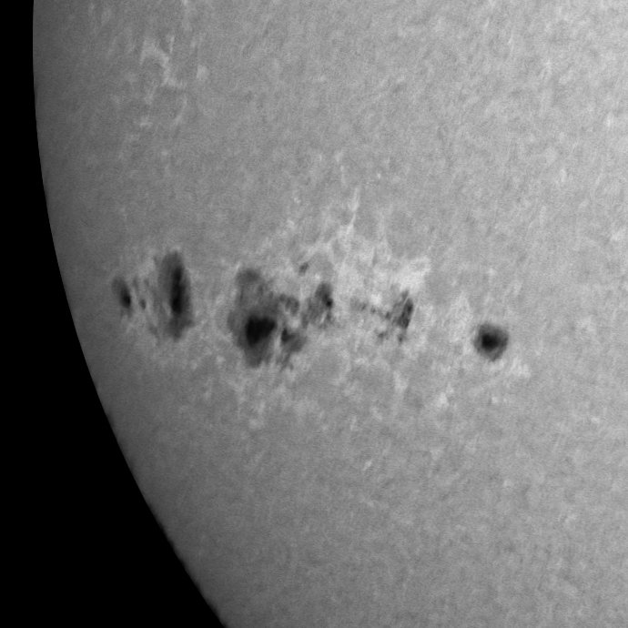 Dec 1, 2025 - Beautiful sunspot complex in white light, hydrogen-alpha, helium (D3), and G-Band.