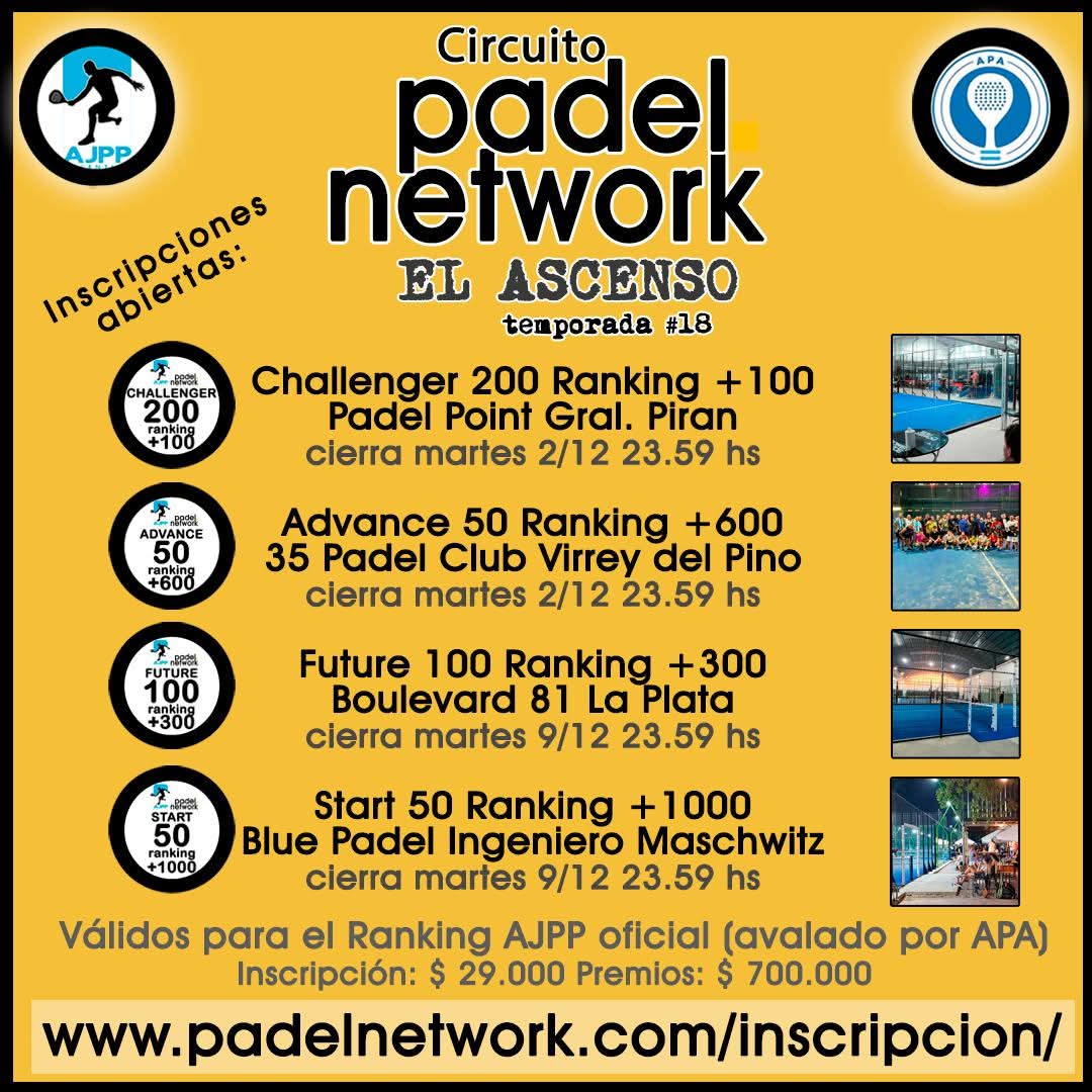 Ya quedan pocos torneos del Circuito Padelnetwork AJPP/Ascenso 2025. Te recordamos las inscripciones abiertas en padelnetwork.com/inscripcion/
- Challenger 200 G. Piran (cierra martes 2/12)
- Advance 50 Virrey del Pino (cierra martes 2/12)
- Future 100 La Plata
- Start 50 I. Maschwitz