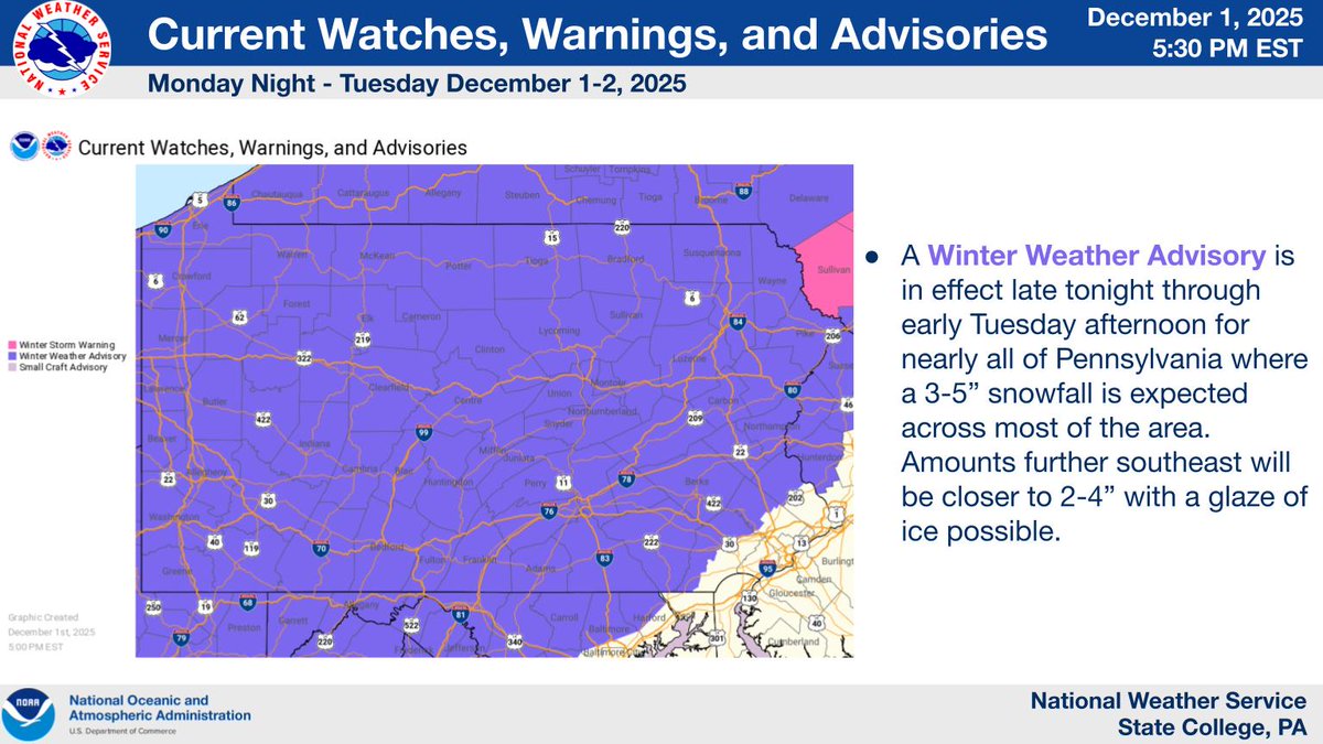 NWSStateCollege's tweet photo. ⚠️ Winter Weather Advisories are in effect for all of central Pennsylvania beginning late tonight continuing through early Tuesday afternoon.
❄️ Snowfall will generally top out between 4-6" with isolated areas potentially topping out just above 6" of snowfall. #PAwx https://t.co/2RwYByWfeQ