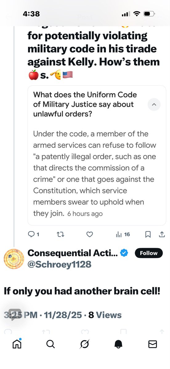 I posted a reply that the “Congressional six” were telling the truth about illegal orders. Also they’re protected by freedom of speech &amp; the Congressional speech and debate clause. This Bozo below replies &amp; BLOCKED me. What a coward! I raised my fist &amp; said YEAH!