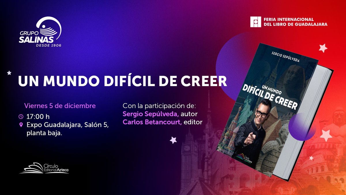 CirculoEdAzteca's tweet image. ¡NOS VEMOS EN LA FIL! 📚

Acompáñanos a la presentación del libro Un mundo difícil de creer de @SERGESEPULVEDA  en la @FILGuadalajara 

📆 Viernes 5 de diciembres
🕛 17:00 p.m.
📍Expo Guadalajara, Salón 5, planta baja.

¡NO FALTES! 🤩