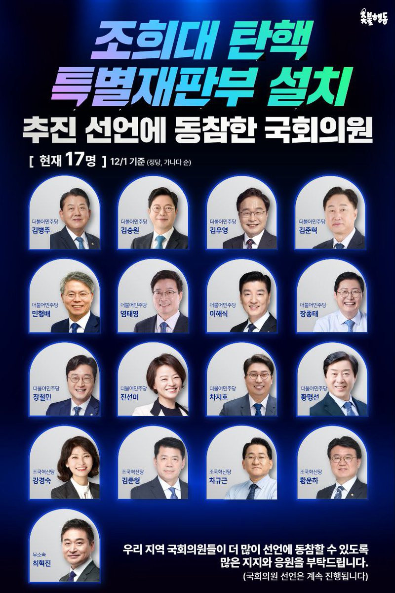 candlemove's tweet image. &amp;lt;조희대 탄핵, 특별재판부 설치 추진 선언에 동참한 국회의원&amp;gt;

📍현재 17명 (12/1 기준)

김병주(더불어민주당)
김승원(더불어민주당)
김우영(더불어민주당)
김준혁(더불어민주당)
민형배(더불어민주당)
염태영(더불어민주당)
이해식(더불어민주당)
장종태(더불어민주당)
장철민(더불어민주당)…