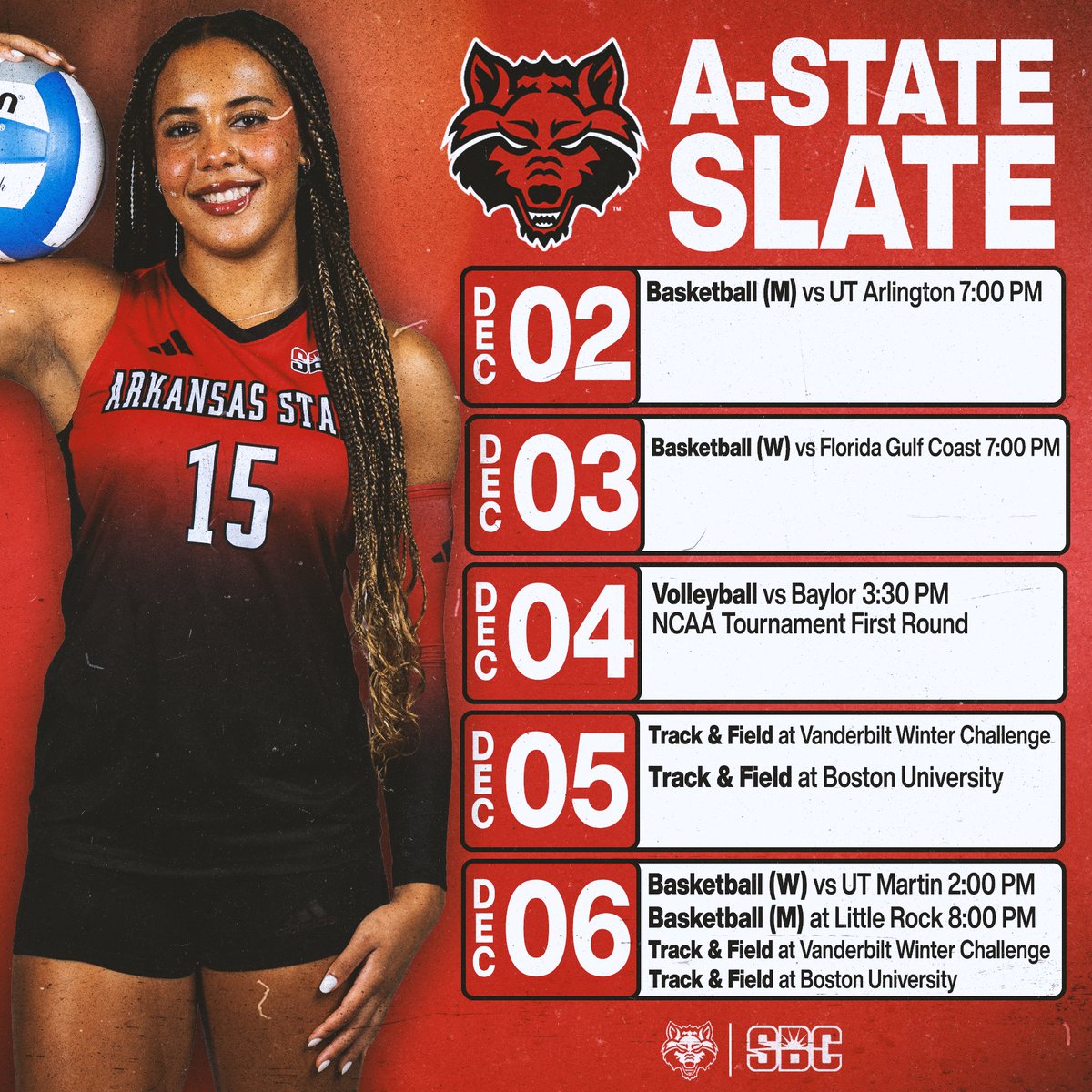 AStateRedWolves's tweet image. The week&apos;s slate includes plenty of home hoops, plus the Red Wolves taking the floor in NCAA Volleyball Tournament action! #WolvesUp