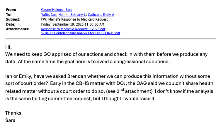 Why would Maine DHHS' Gagne-Holmes be scared of a subpoena from Congress concerning Medicaid benefits for illegal aliens?

Would the subpoena turn up something the Mills Admin refused to voluntarily disclose?

Why can't we know how much Maine spends on illegal alien Medicaid?