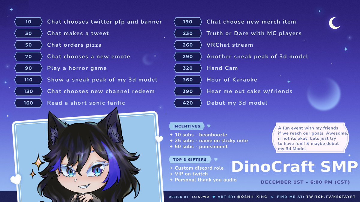 kestayrt's tweet photo. Good afternoonnnn Kestians , Whose ready for DinoCraft? CAUSE I AM!! here is all the goals for it and but all seriousness lets just have fun and make some memories!! #minecraft #vtuber #dinocraft https://t.co/vhzgh0SSUq