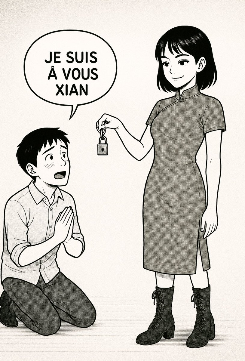 PrincesseXian's tweet photo. il se tient devant moi, incapable de soutenir mon regard plus de quelques secondes. il sait ce qui va arriver, et pourtant il ne recule pas — sa dévotion est trop ancrée, trop brûlante. je m’avance lentement, laissant le silence se charger de tension. mes doigts effleurent son bas-ventre, juste assez pour sentir son souffle se briser, puis je relève son menton pour qu’il ose me regarder. 

« tu comprends ce que ça signifie, n’est-ce pas ? », dis-je d’une voix basse, contrôlée. 
il hoche la tête, tremblant — pas de peur, mais d’abandon.

la cage repose dans ma main comme un petit verdict froid. je la fais glisser le long de son vit, lentement, savourant chaque seconde où il retient son souffle, où il comprend que je suis en train de lui retirer le droit de vouloir. le clic final retentit, net, irrévocable.

je laisse mon doigt parcourir le cadenas, caressant le métal comme pour lui rappeler que tout dépend désormais de moi : « maintenant… tu m’appartiens vraiment »

il s’abandonne, presque fiévreux, ivre de s’offrir entièrement. et la clé repose dans ma paume, symbole silencieux de tout ce qu’il me cède.