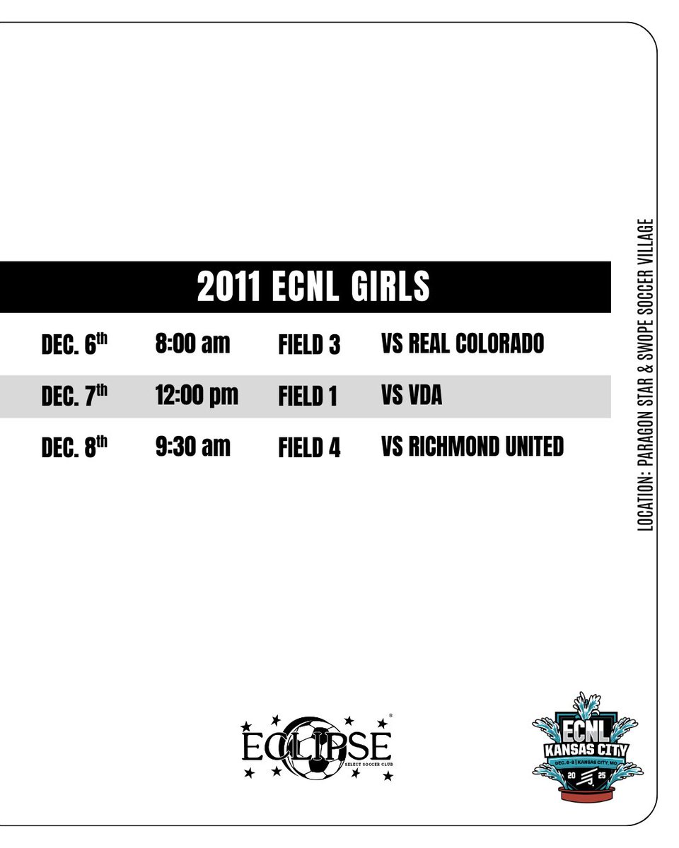 EclipseSelectSC's tweet image. Our Eclipse Select SC 2011 ECNL Girls are off to Kansas City, MO. this weekend for the @ecnlgirls showcase! 

🔜 Check out their schedule! 

#TheEclipseNation | #ecnlgirls #ecnl