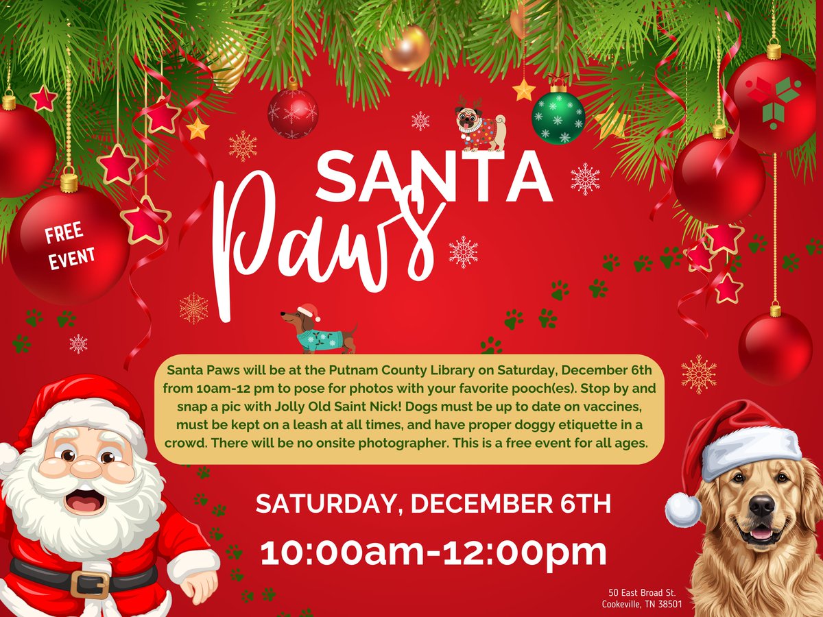 PutnamLibraryTN's tweet image. Are you wanting to get your dog&apos;s picture taken with Santa? Come to the Cookeville Library this Saturday, December 6th from 10:00am-12:00pm for Santa Paws! Dogs must be up to date on vaccines, must be kept on a leash, and must have proper etiquette.
#santapaws