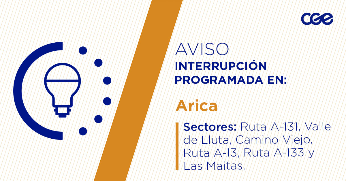 CGE_Clientes's tweet image. Para mejorar la calidad del suministro de nuestros clientes de #Arica, este jueves, entre 09:30 y 15:30 horas, se realizará una #InterrupciónProgramada (sectores en la imagen 👇) debido a trabajos de mejoras. Recuerda desconectar tus artefactos 🔌