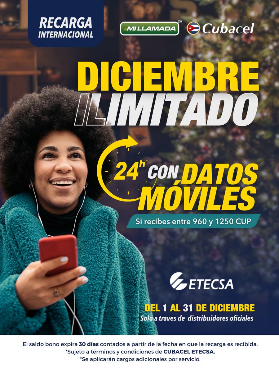 ¡El mejor regalo de #Navidad ya está aquí! 🎁🎄

Recarga Cubacel del 1 al 31 de Diciembre (960-1250 CUP) y tu familia recibe:

DATOS MÓVILES 24h para TODO EL MES.

¡Sé el Santa Claus de casa!
Recarga hoy: usamillamada.com

#NavidadAdelantada #CubanosEnUSA #CyberMonday